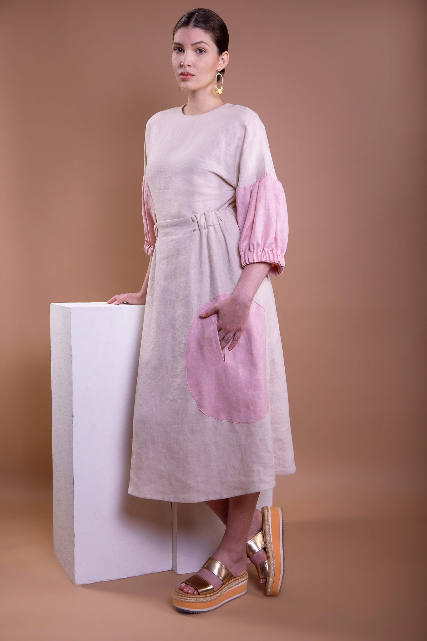 Handmade Linen Circle Pocket Midi Skirt in Natural + Rose Size M