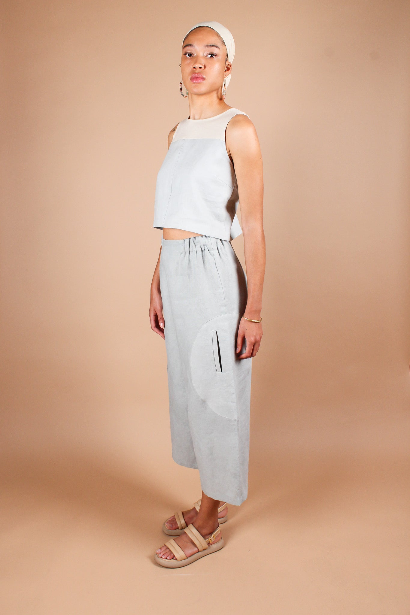 Big Circle Hand-Dyed Linen Pants in Dusty Blue
