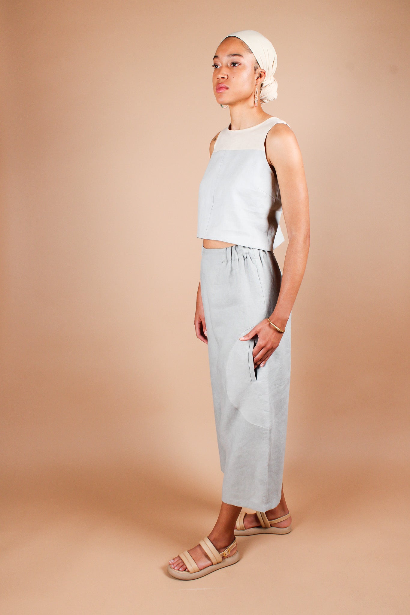 Big Circle Hand-Dyed Linen Pants in Dusty Blue