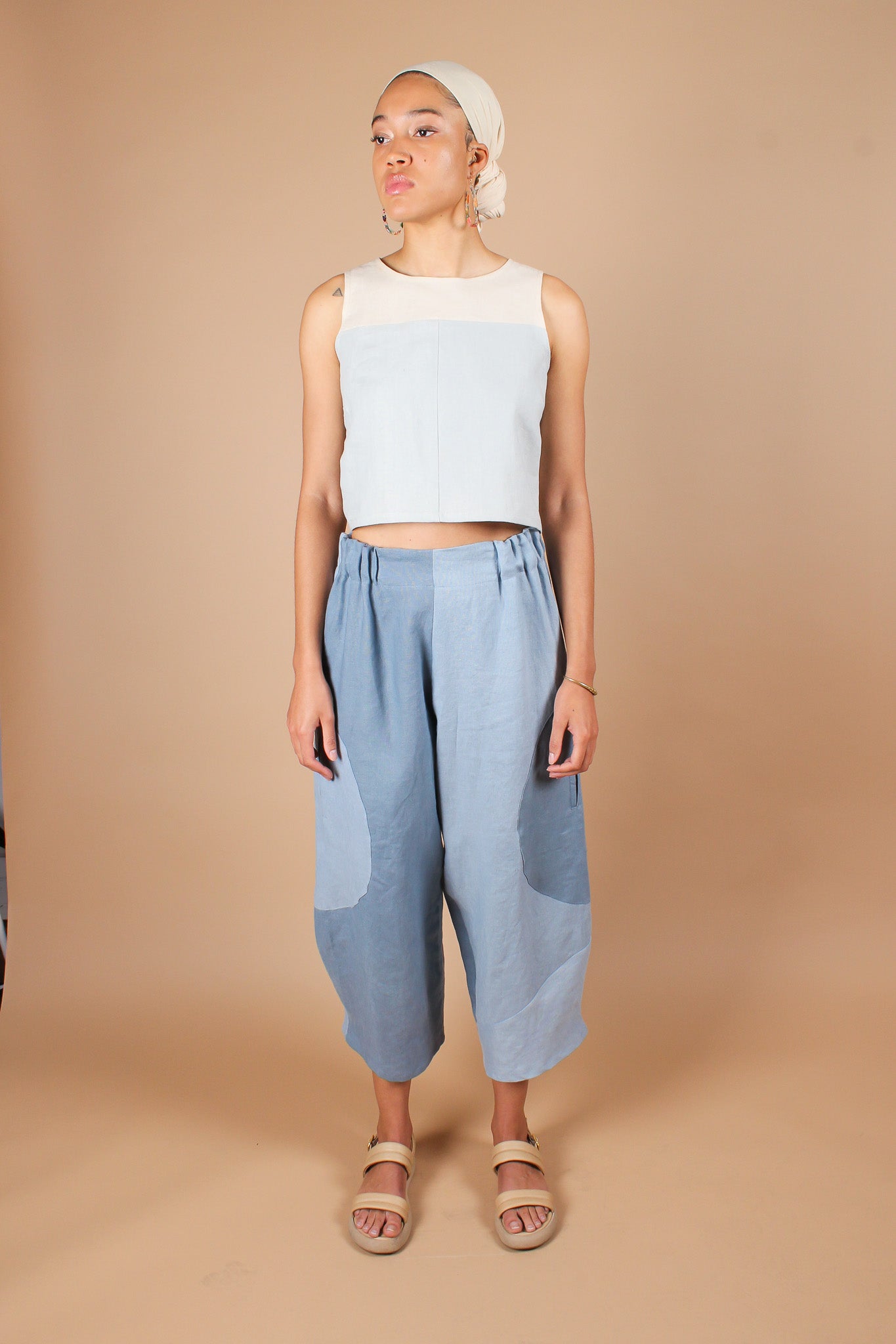 Hand-Dyed Circle Pocket Linen Pants in Blue Bell