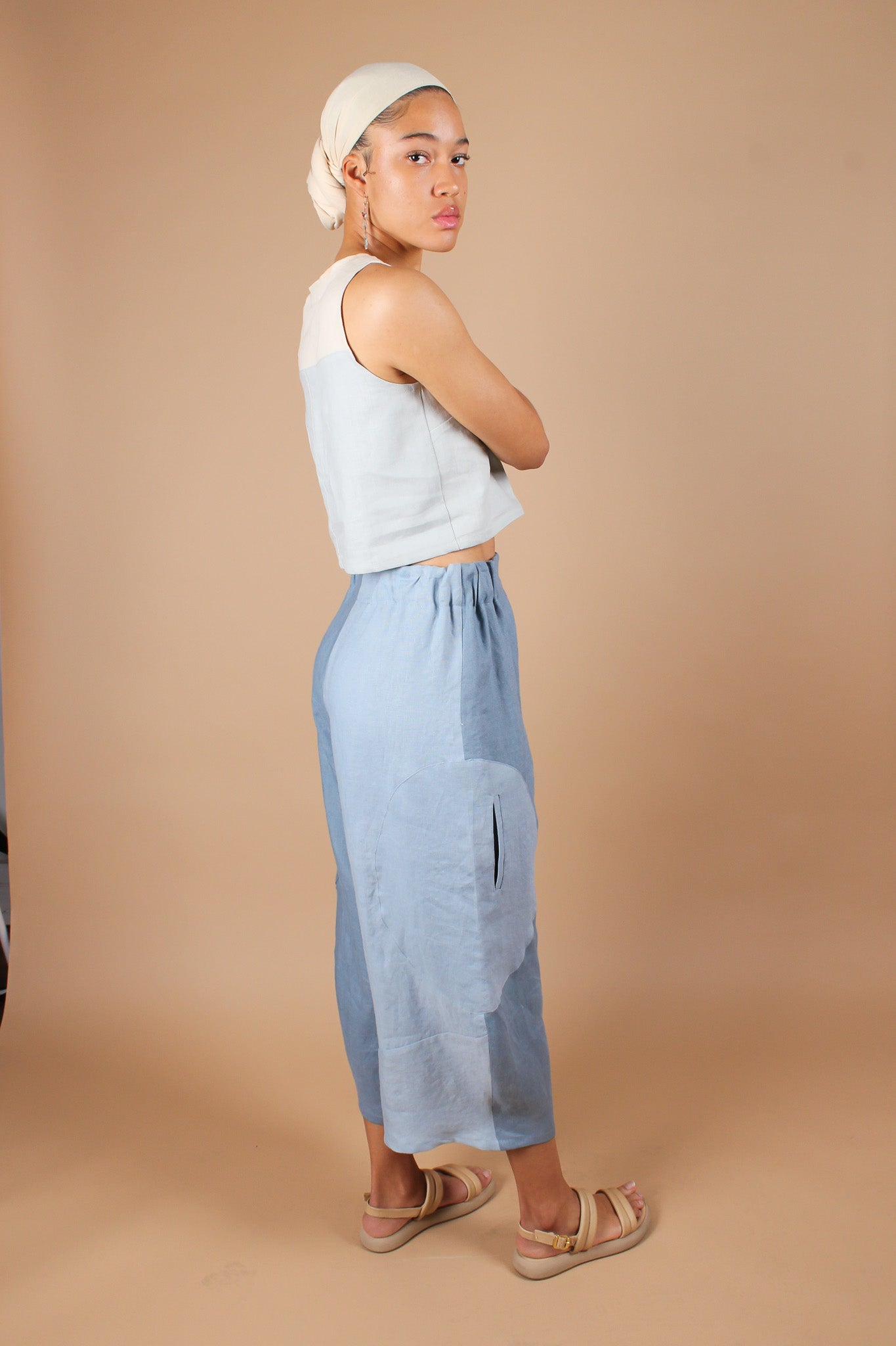 Hand-Dyed Circle Pocket Linen Pants in Blue Bell