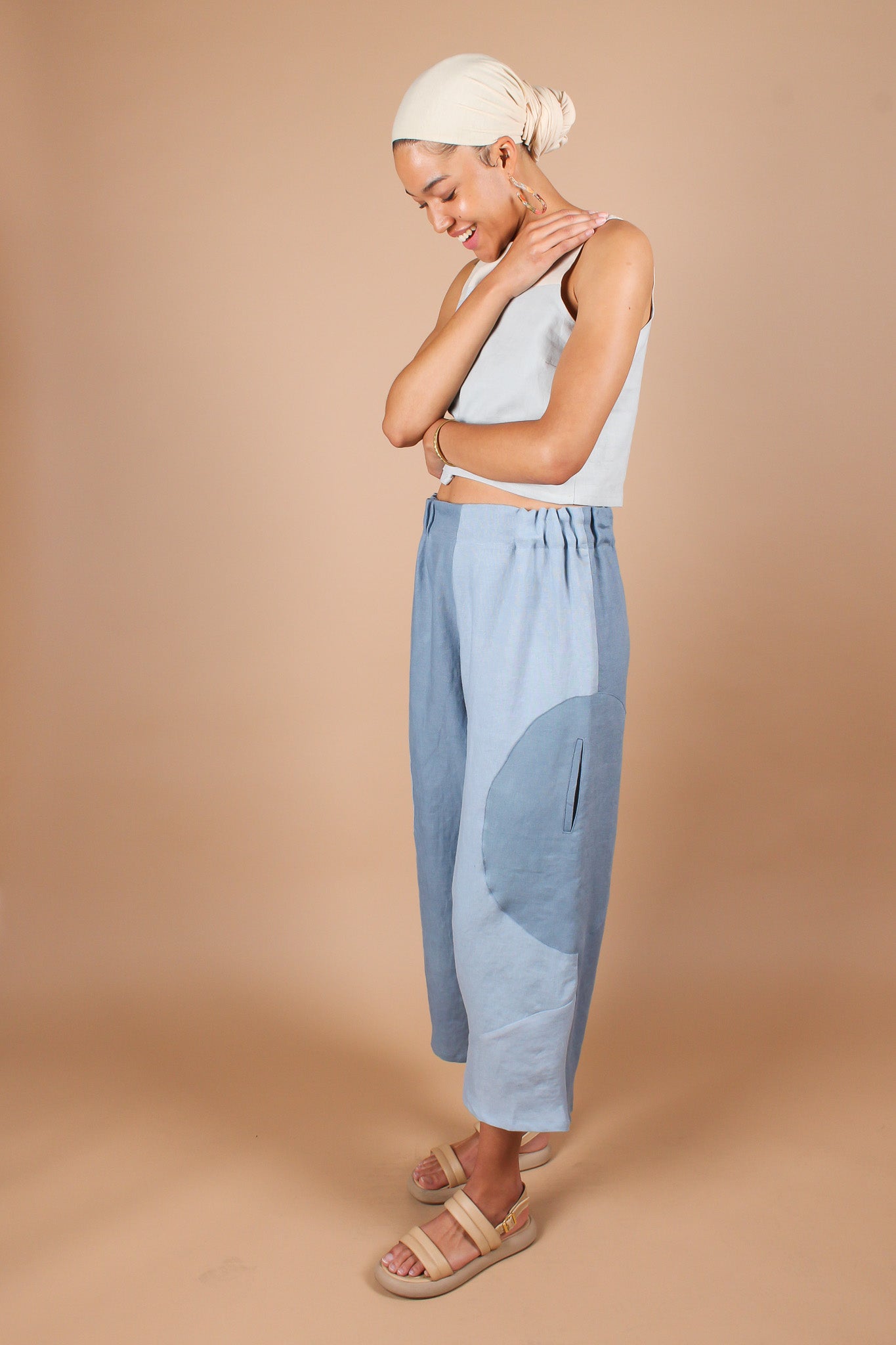 Hand-Dyed Circle Pocket Linen Pants in Blue Bell