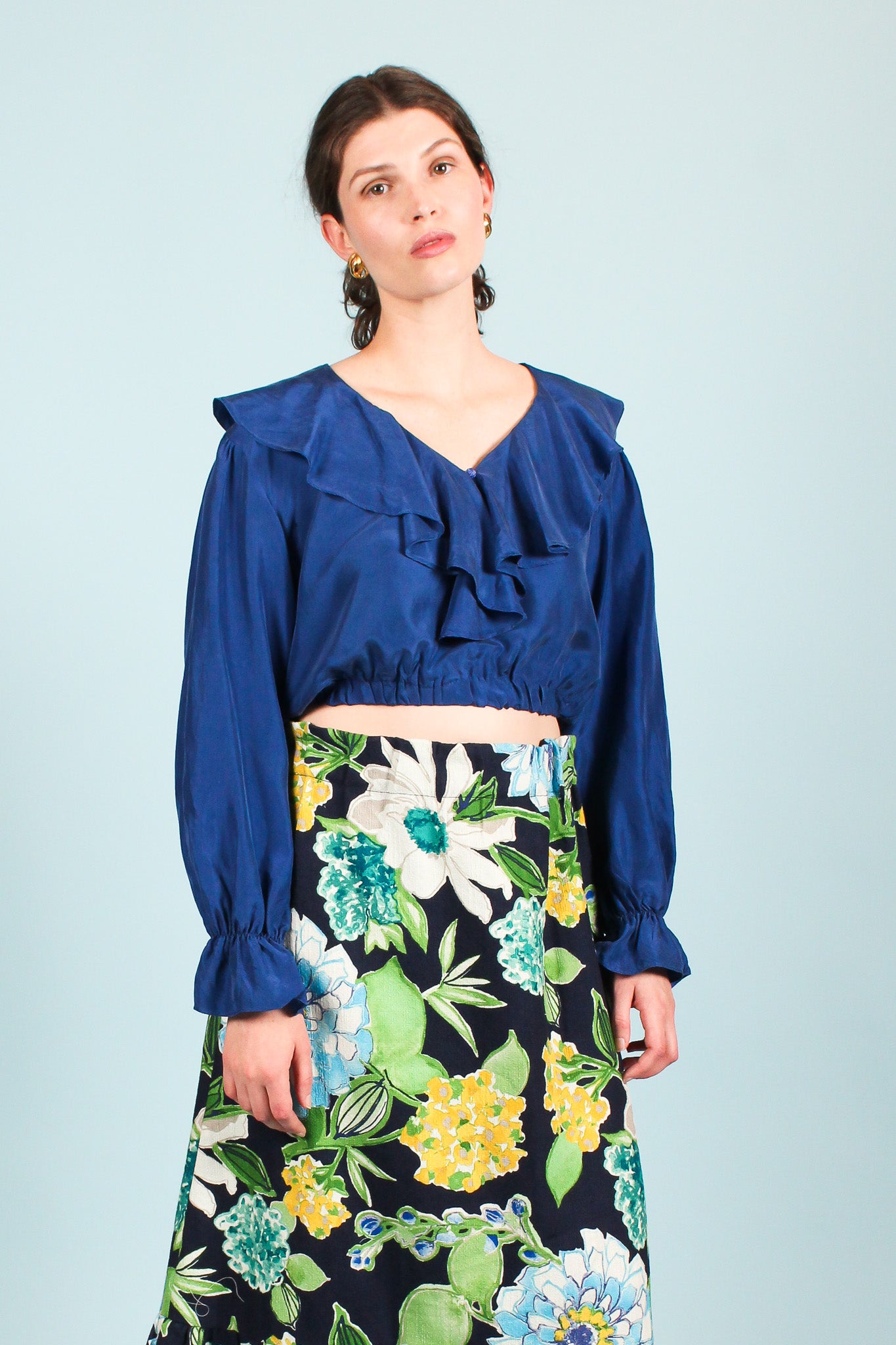 Redesigned Ruffle Crop Silk Shirt in Cobalt Size M
