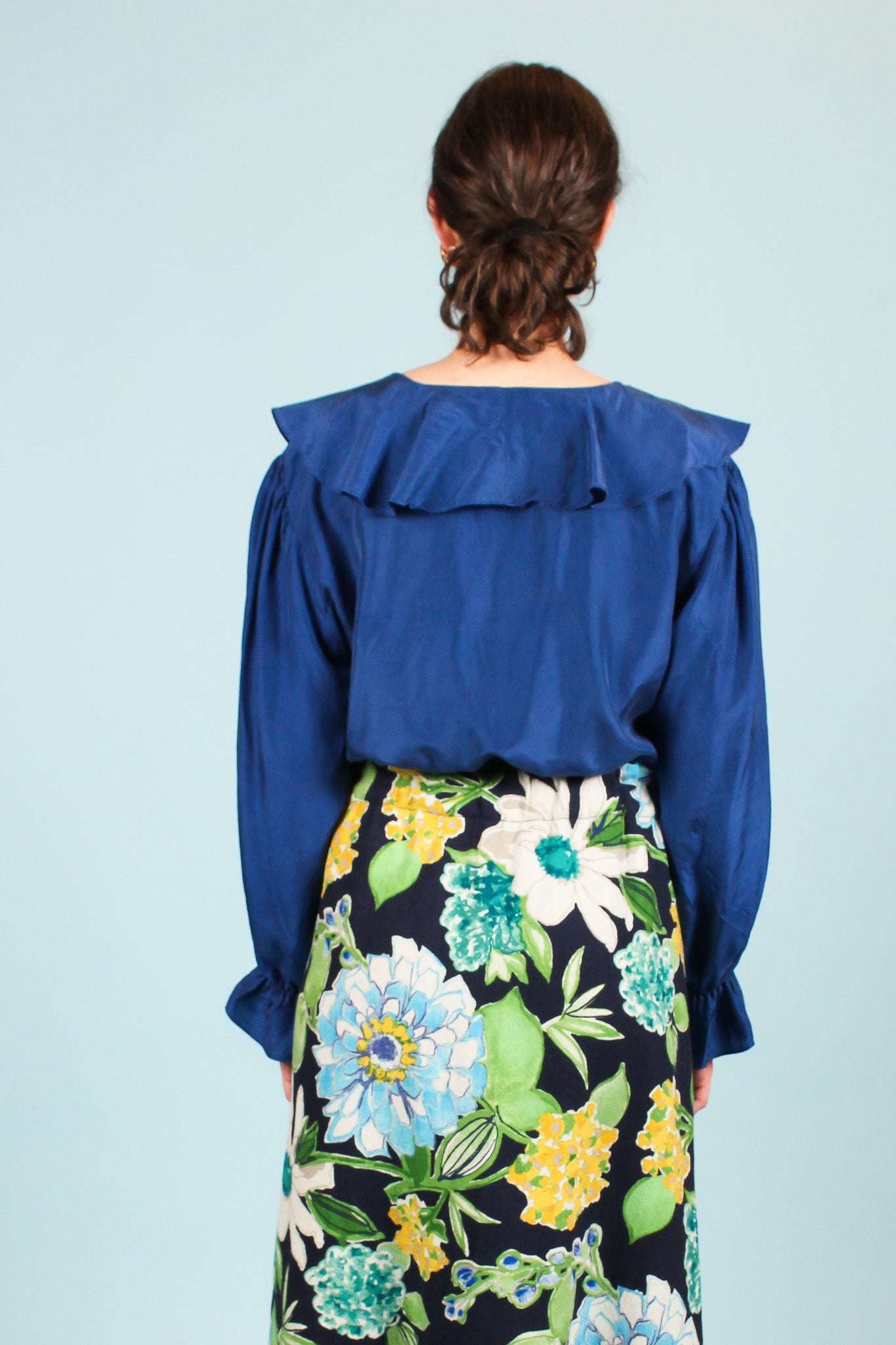 Redesigned Ruffle Crop Silk Shirt in Cobalt Size M