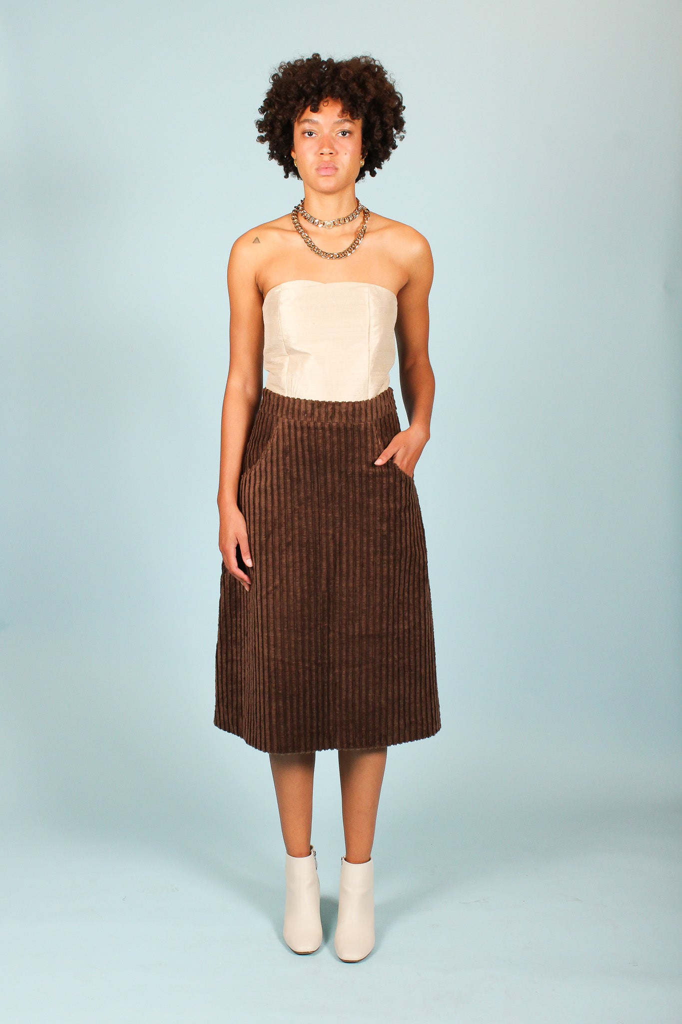 Handmade Corduroy Midi Skirt in Chocolate, Size M