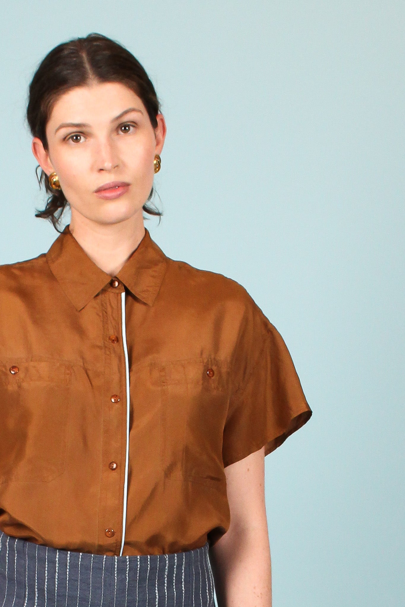 Redesigned Silk Trim Shirt in Nougat Size L