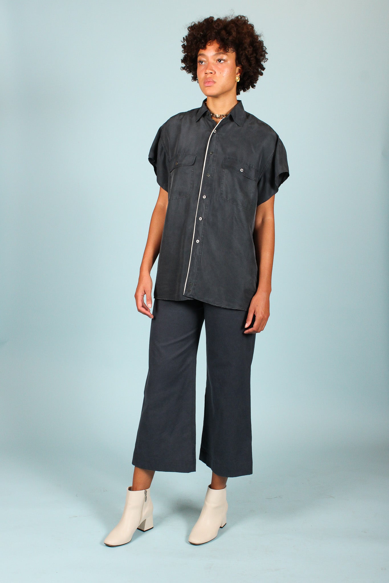 Redesigned Silk Trim Shirt in Slate Size L