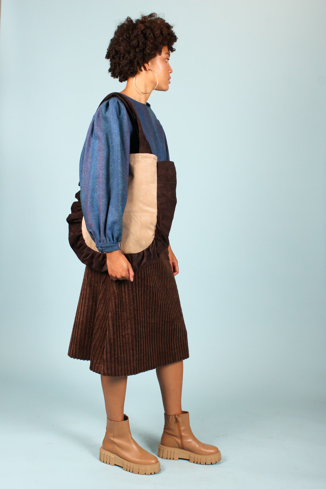 Ruffle Suede Shoulder Bag in Almond & Chocolate