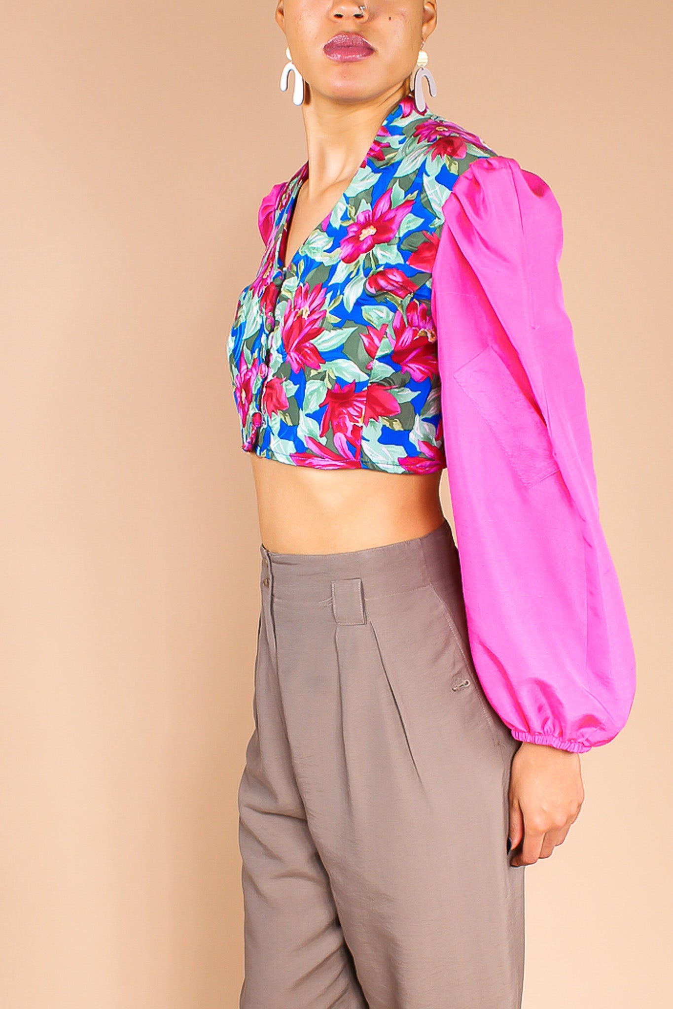 Upcycled Floral Silk Crop Blouse Size M