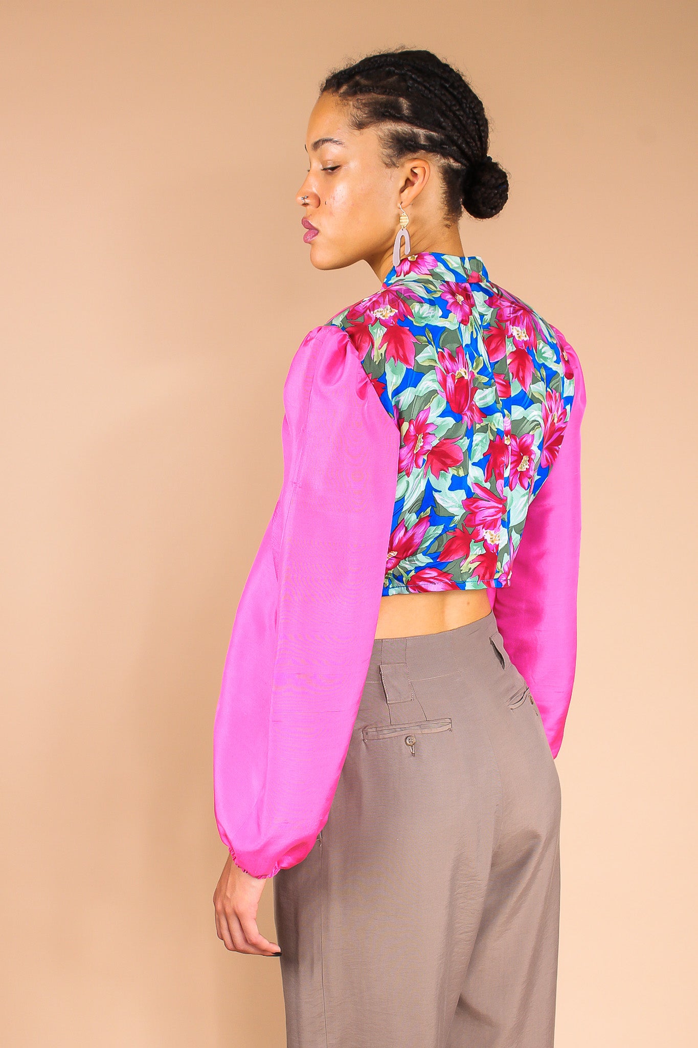 Upcycled Floral Silk Crop Blouse Size M