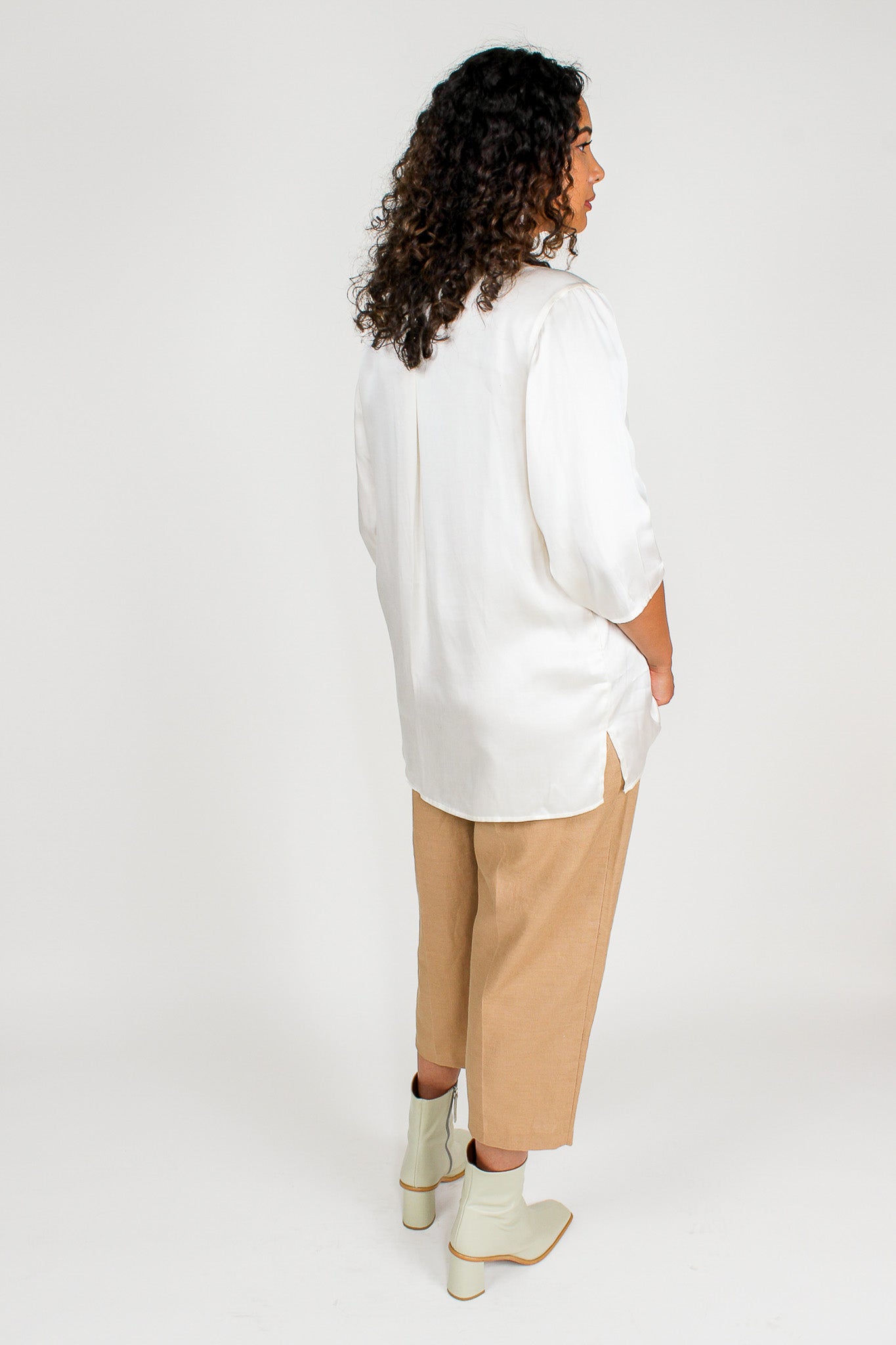 Ivory Gathered Sleeve Silk Shirt Size L