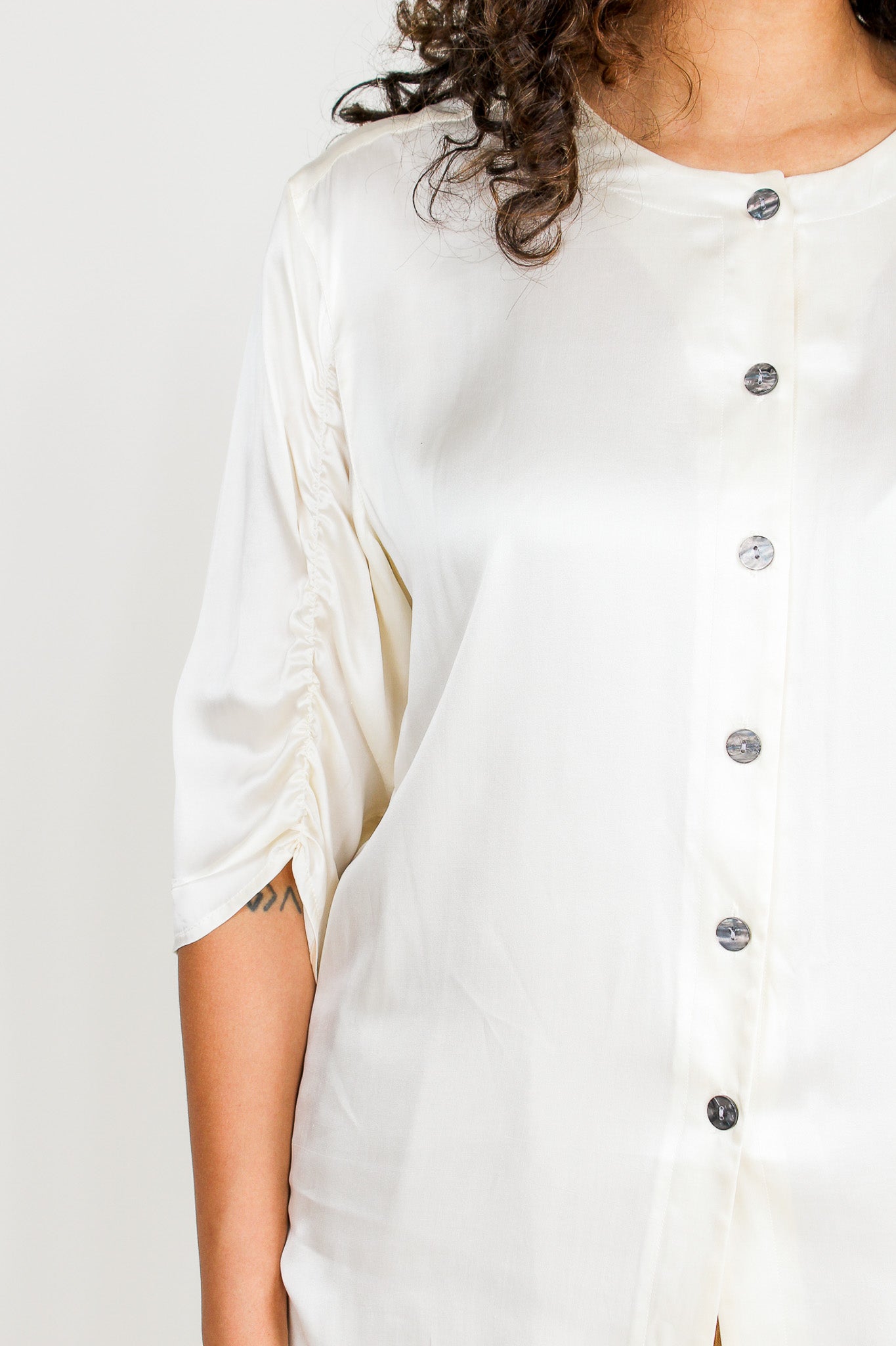 Ivory Gathered Sleeve Silk Shirt Size L