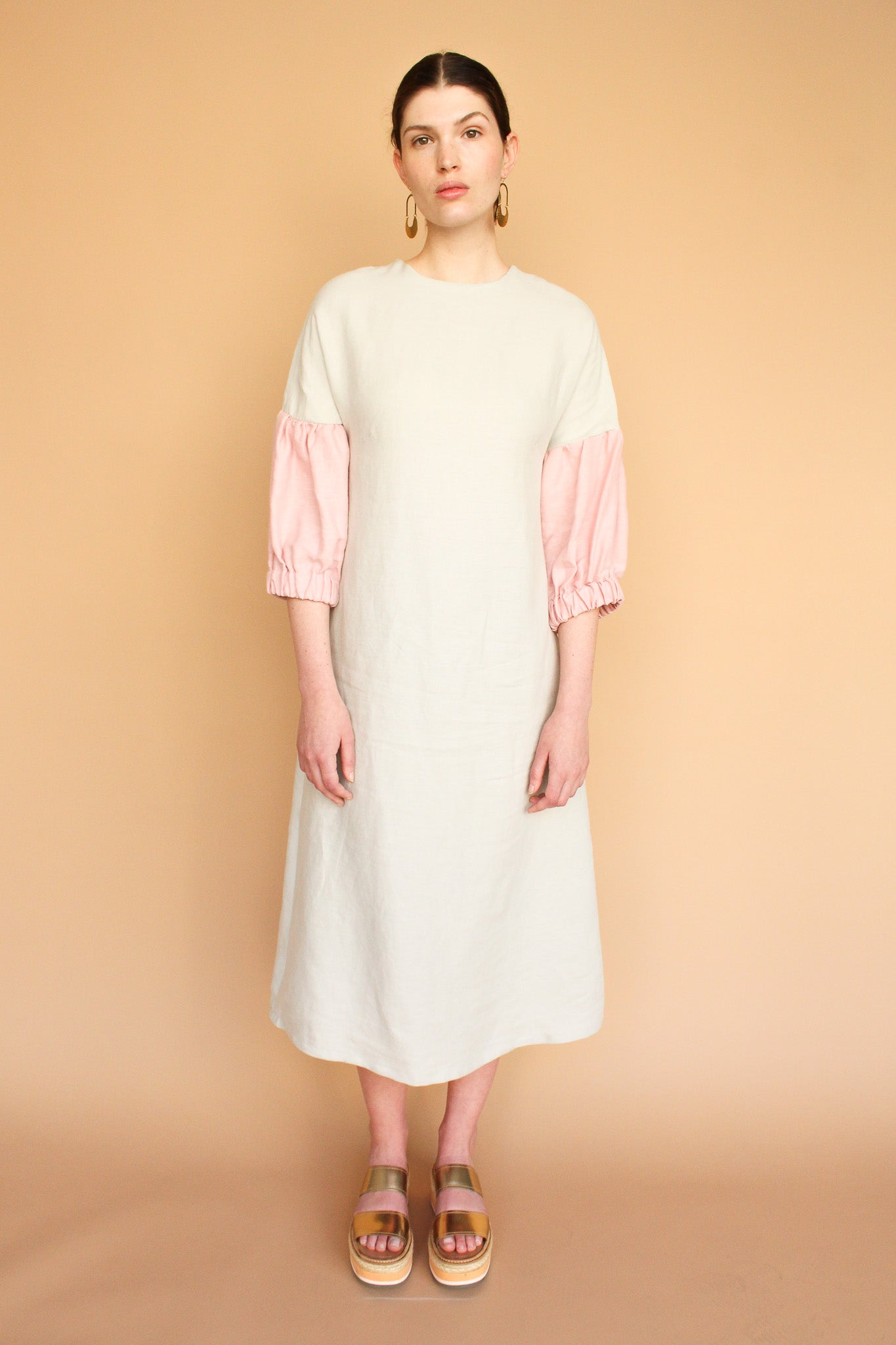 Handmade Lantern Sleeve Linen Midi Dress in Moon + Rose Size S
