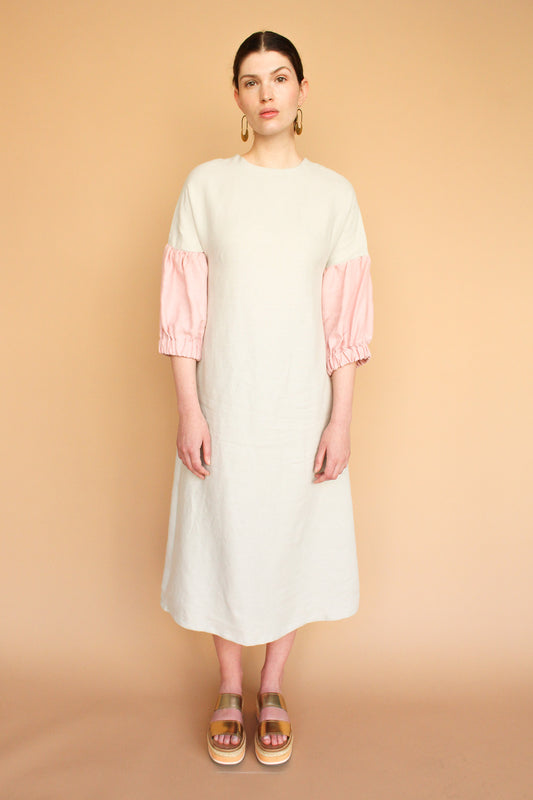 Handmade Lantern Sleeve Linen Midi Dress in Moon + Rose Size S