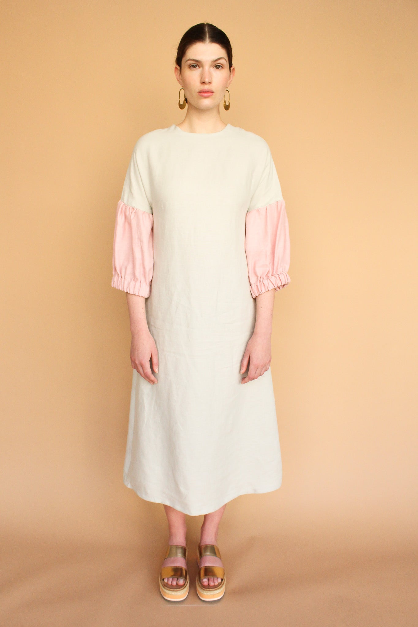Handmade Lantern Sleeve Linen Midi Dress in Moon + Rose Size S