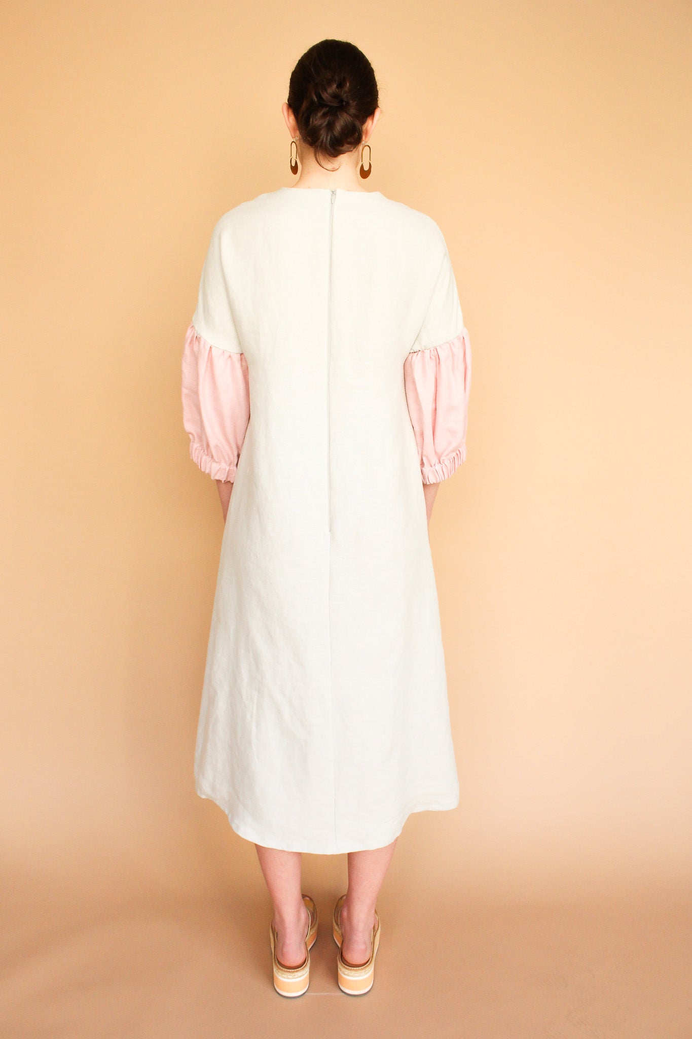Handmade Lantern Sleeve Linen Midi Dress in Moon + Rose Size S