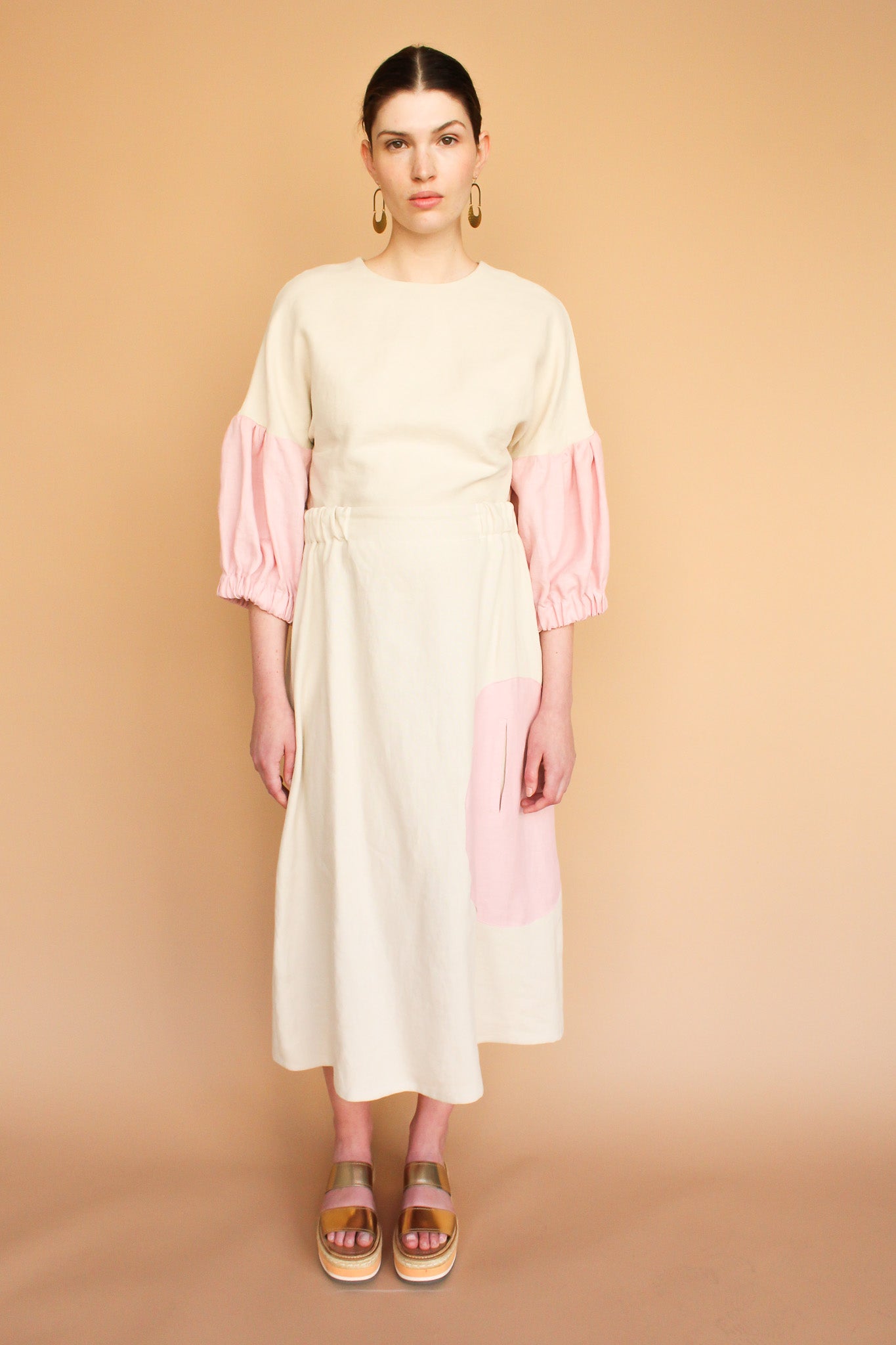 Handmade Linen Circle Pocket Midi Skirt in Natural + Rose Size M