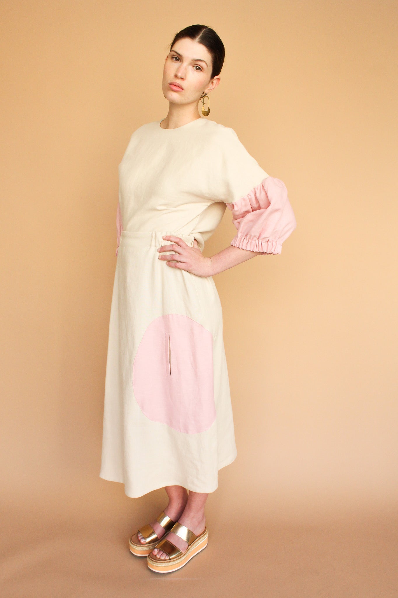 Handmade Linen Circle Pocket Midi Skirt in Natural + Rose Size M