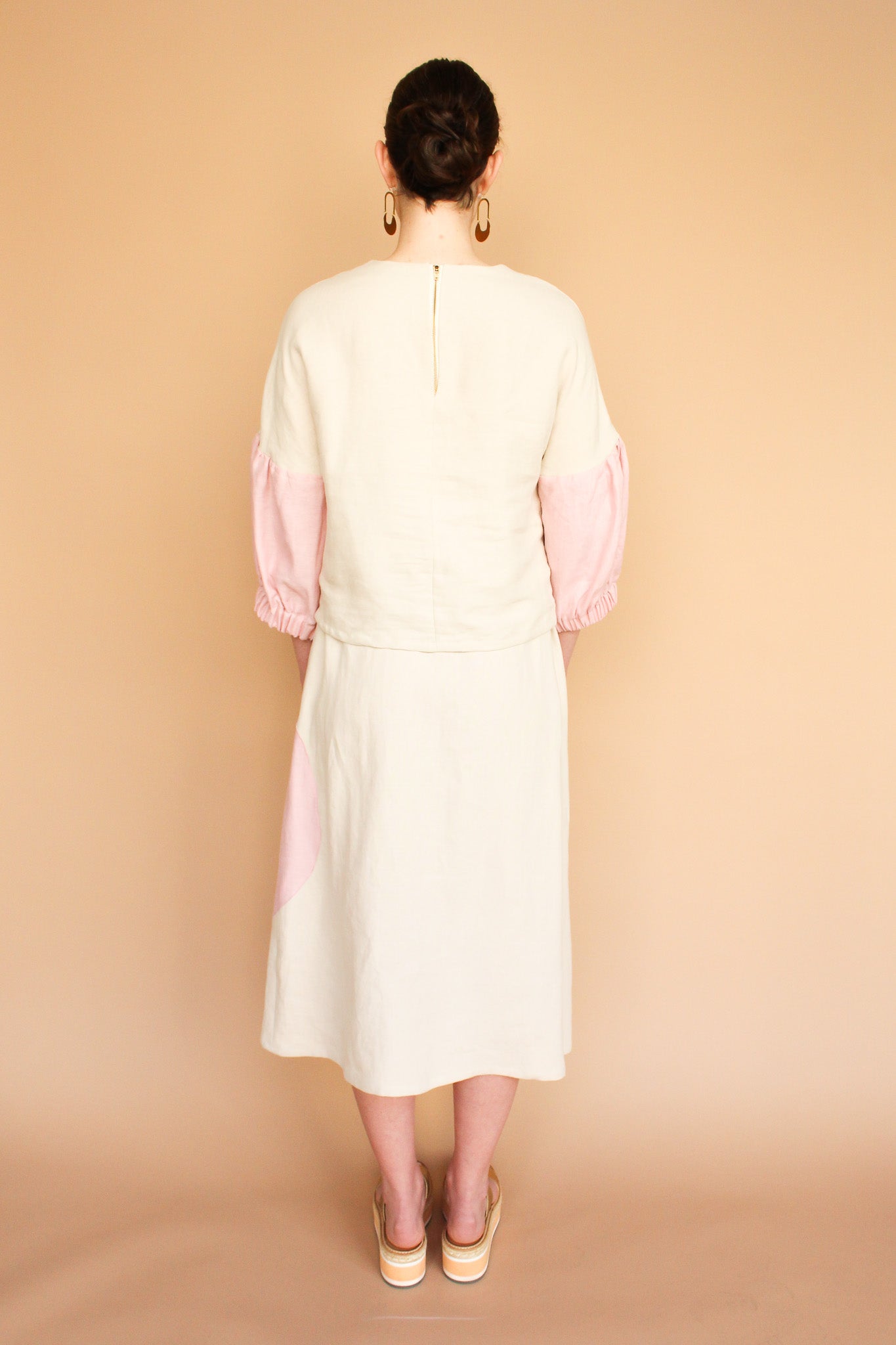 Handmade Linen Circle Pocket Midi Skirt in Natural + Rose Size M