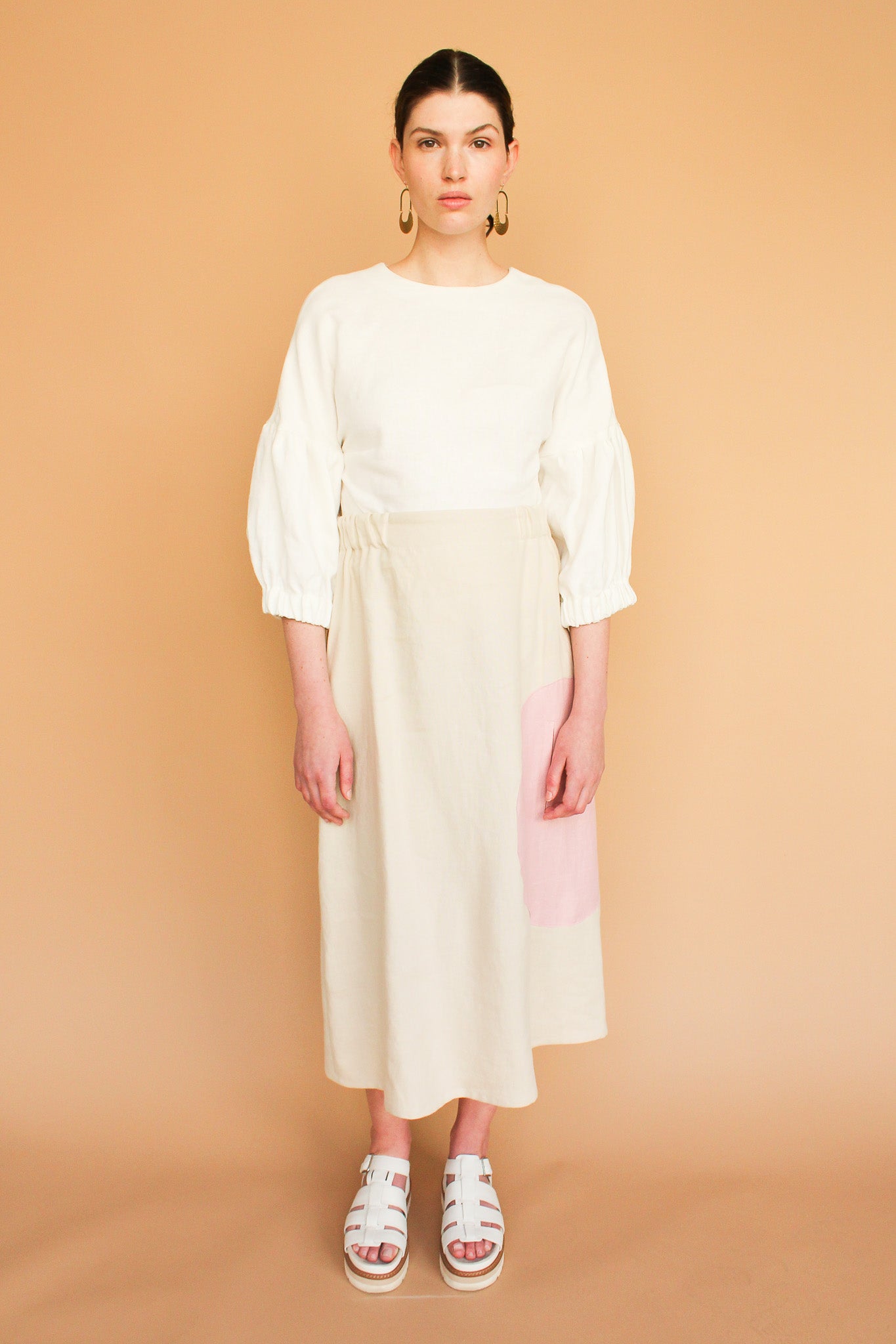 Handmade Linen Circle Pocket Midi Skirt in Natural + Rose Size M