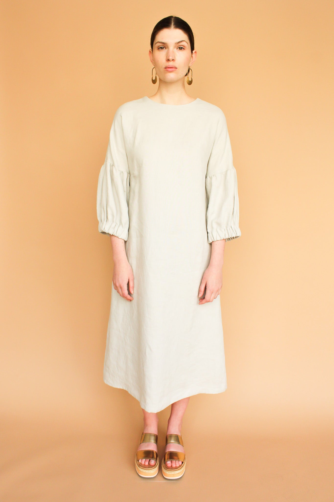 Handmade Lantern Sleeve Linen Midi Dress in Moon Size M