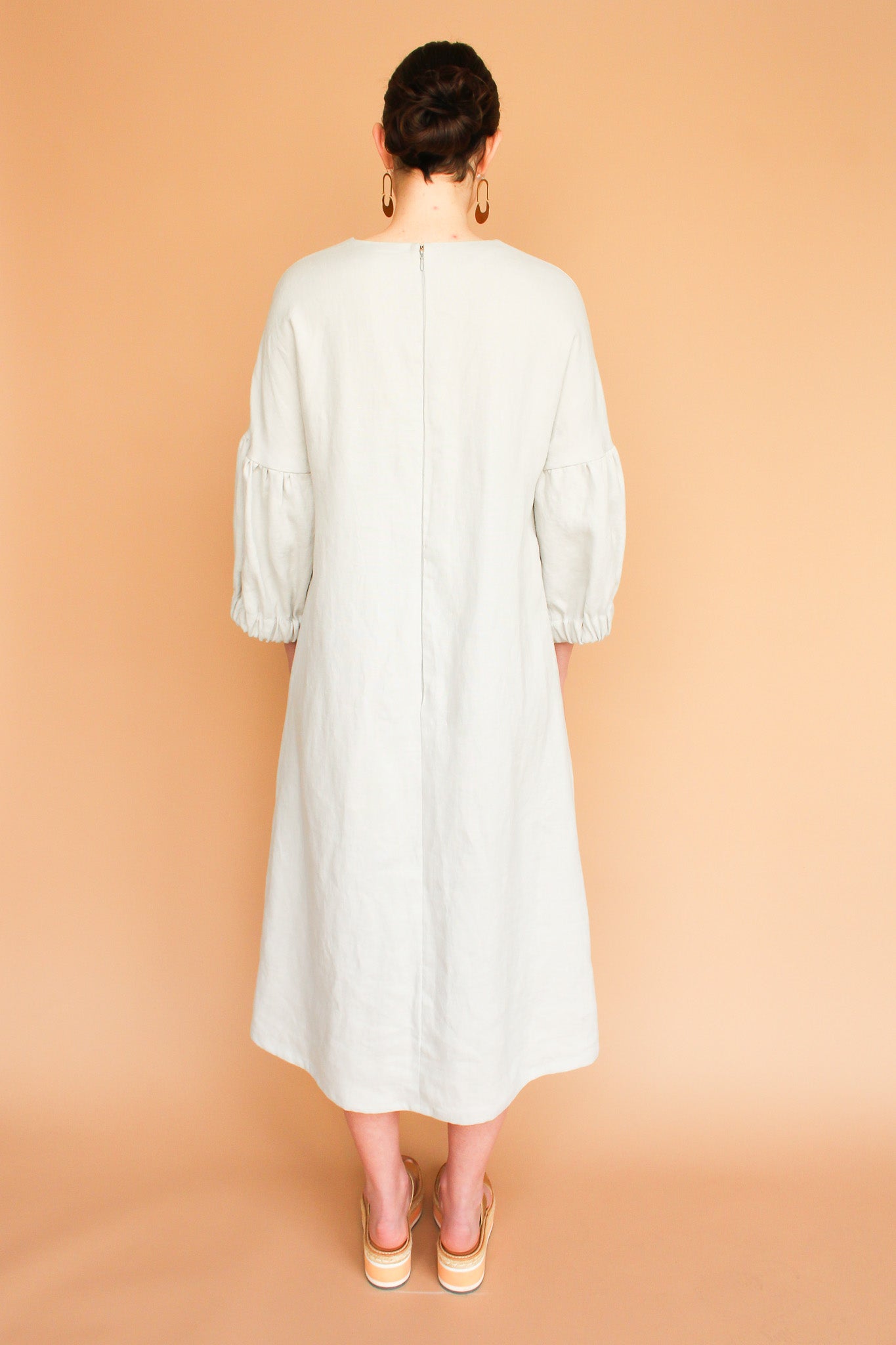 Handmade Lantern Sleeve Linen Midi Dress in Moon Size M