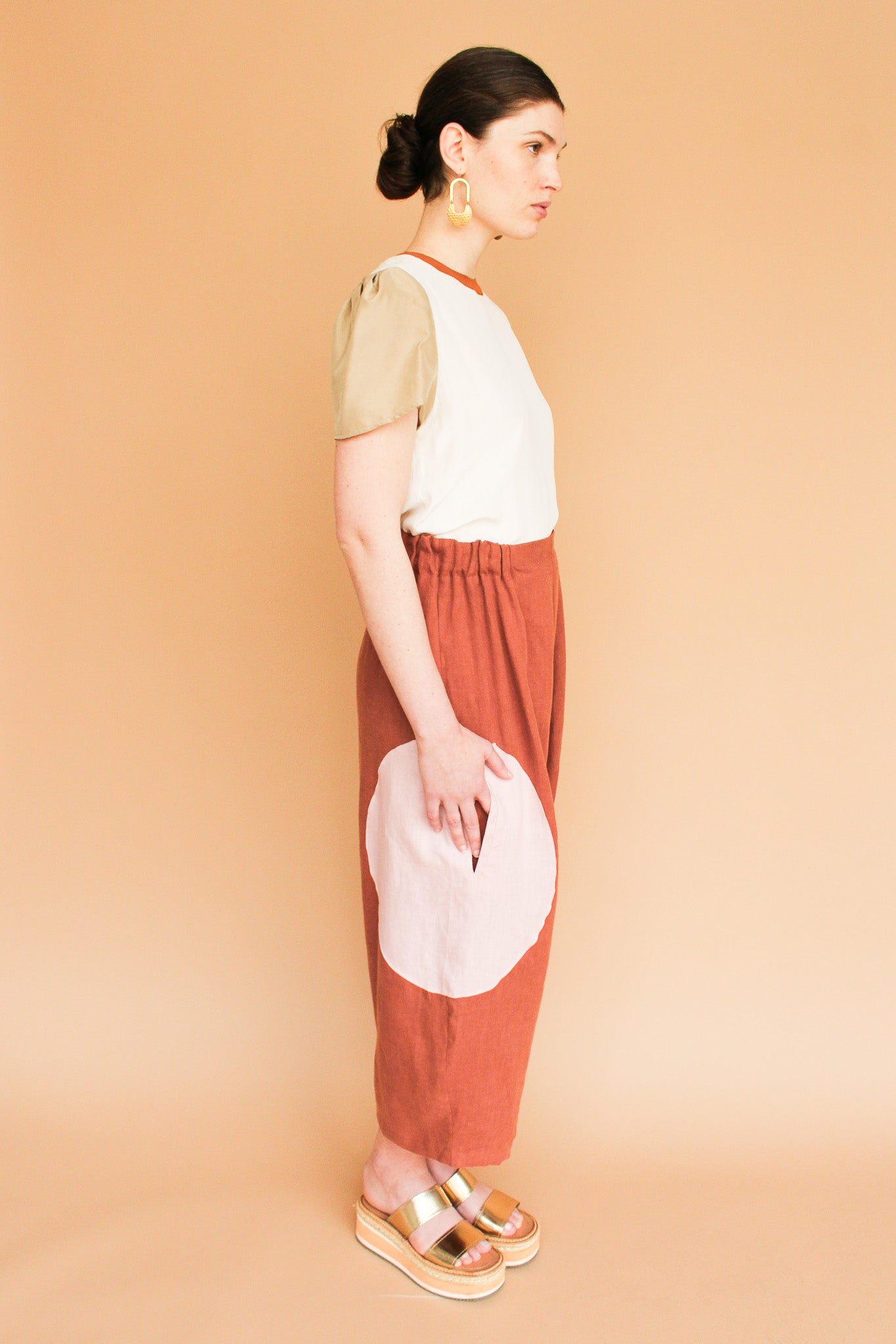 Handmade Circle Pocket Linen Pants in Rust + Rose Size XS-L