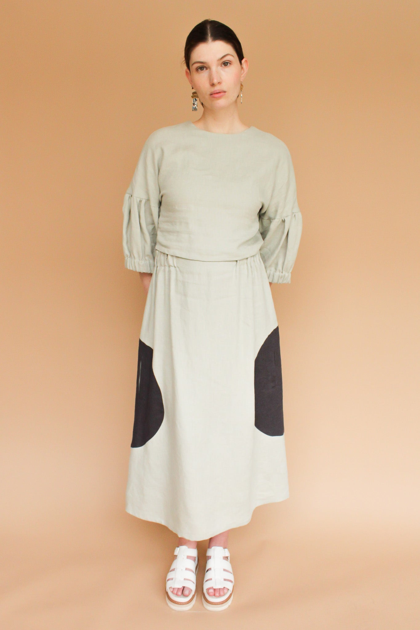 Handmade Lantern Sleeve Linen Crop Top in Stone Size S