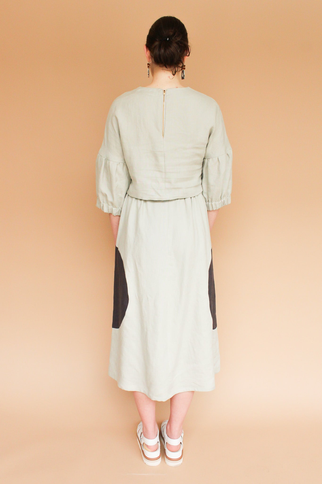 Handmade Lantern Sleeve Linen Crop Top in Stone Size S
