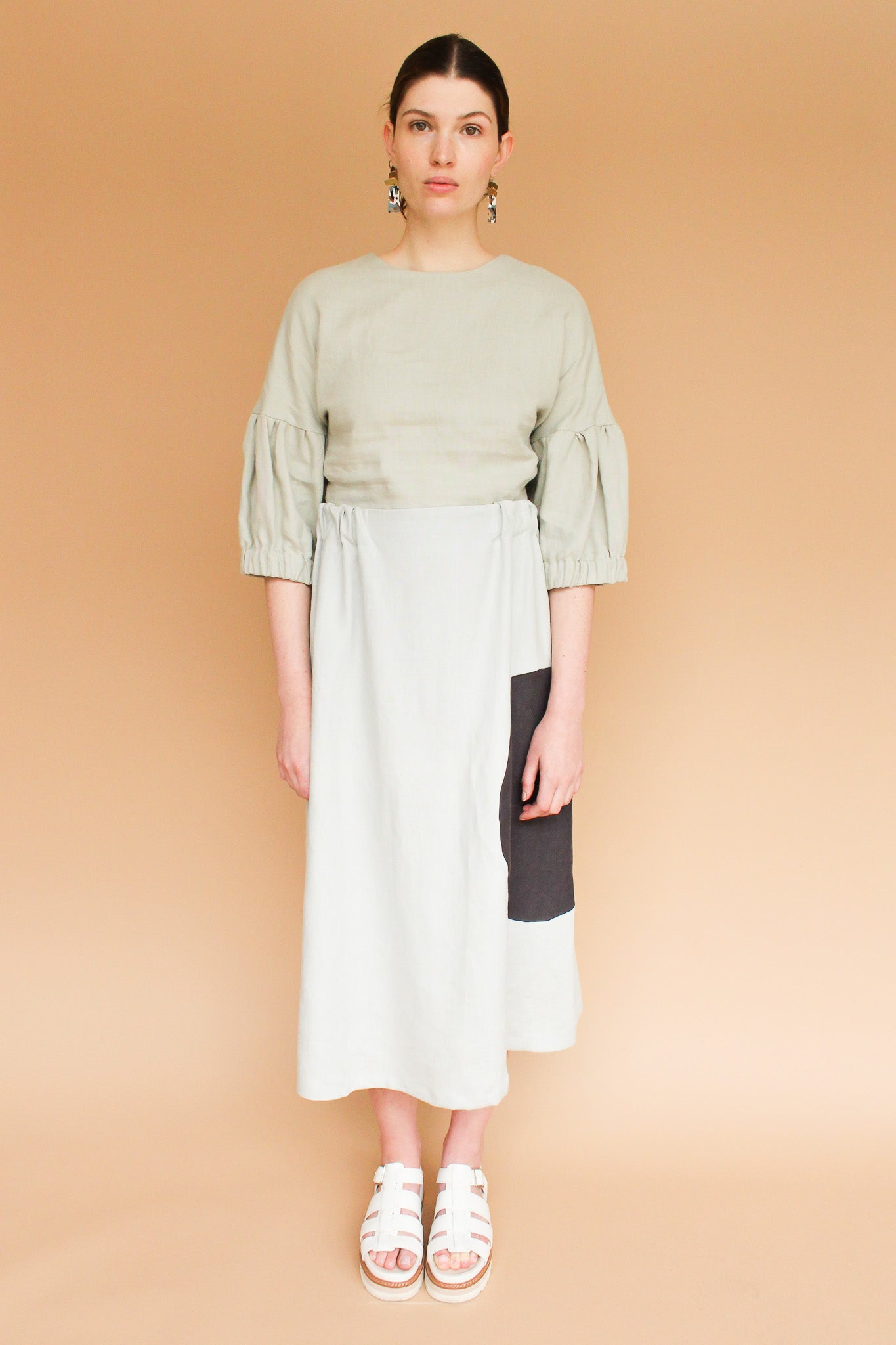 Handmade Lantern Sleeve Linen Crop Top in Stone Size S