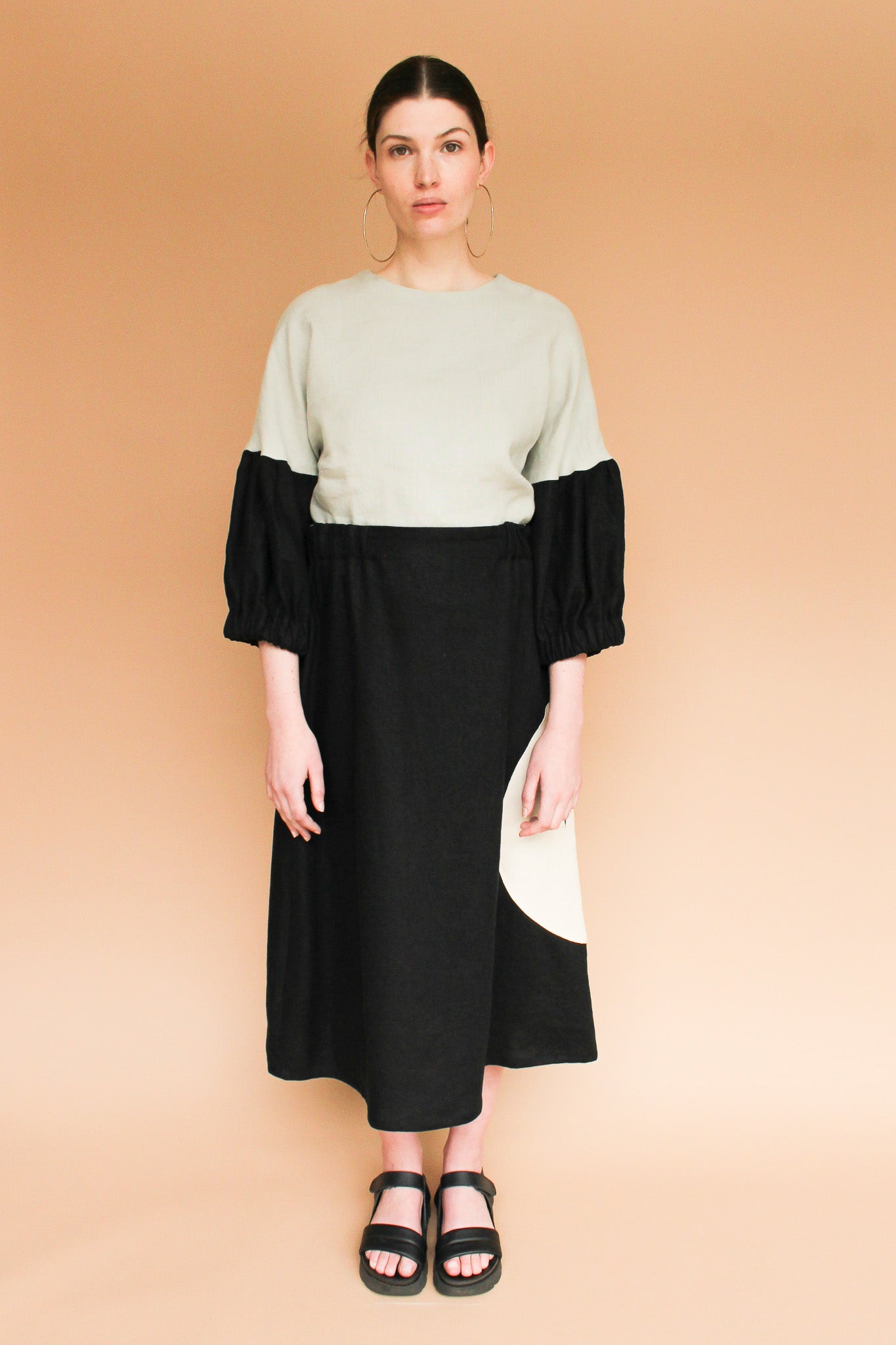 Handmade Linen Circle Pocket Skirt in Onyx and Natural Size S, M, L