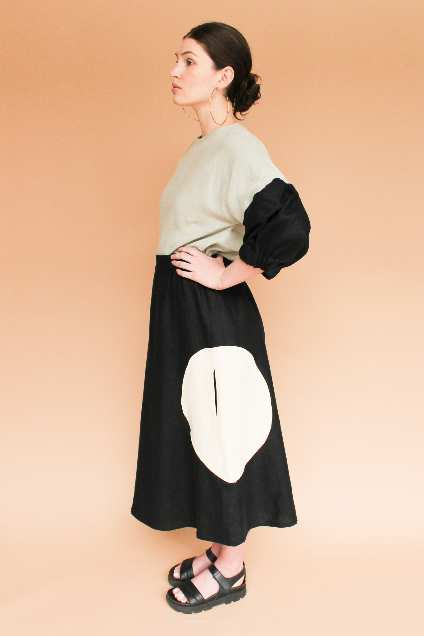 Handmade Linen Circle Pocket Skirt in Onyx and Natural Size S, M, L