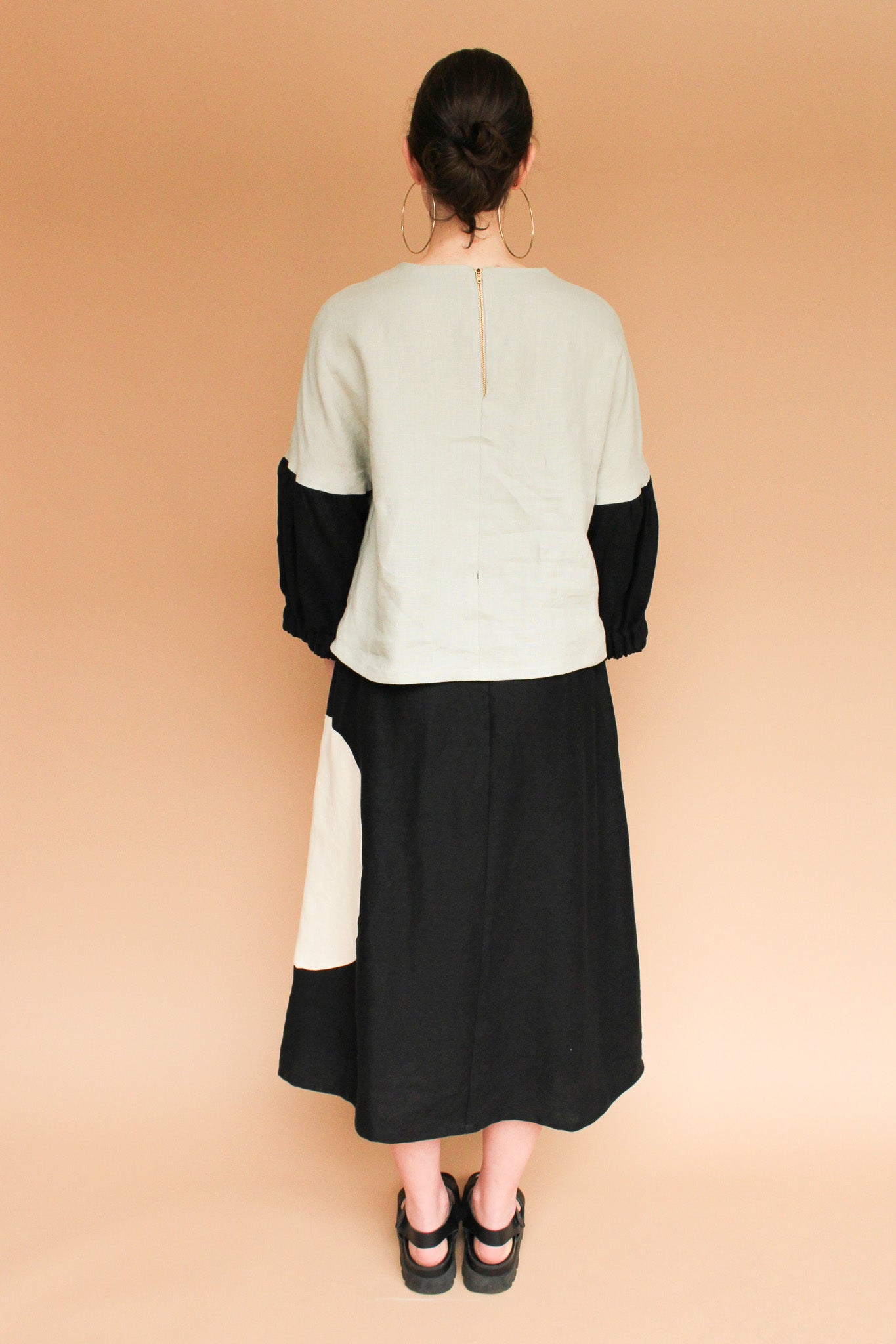 Handmade Linen Circle Pocket Skirt in Onyx and Natural Size S, M, L