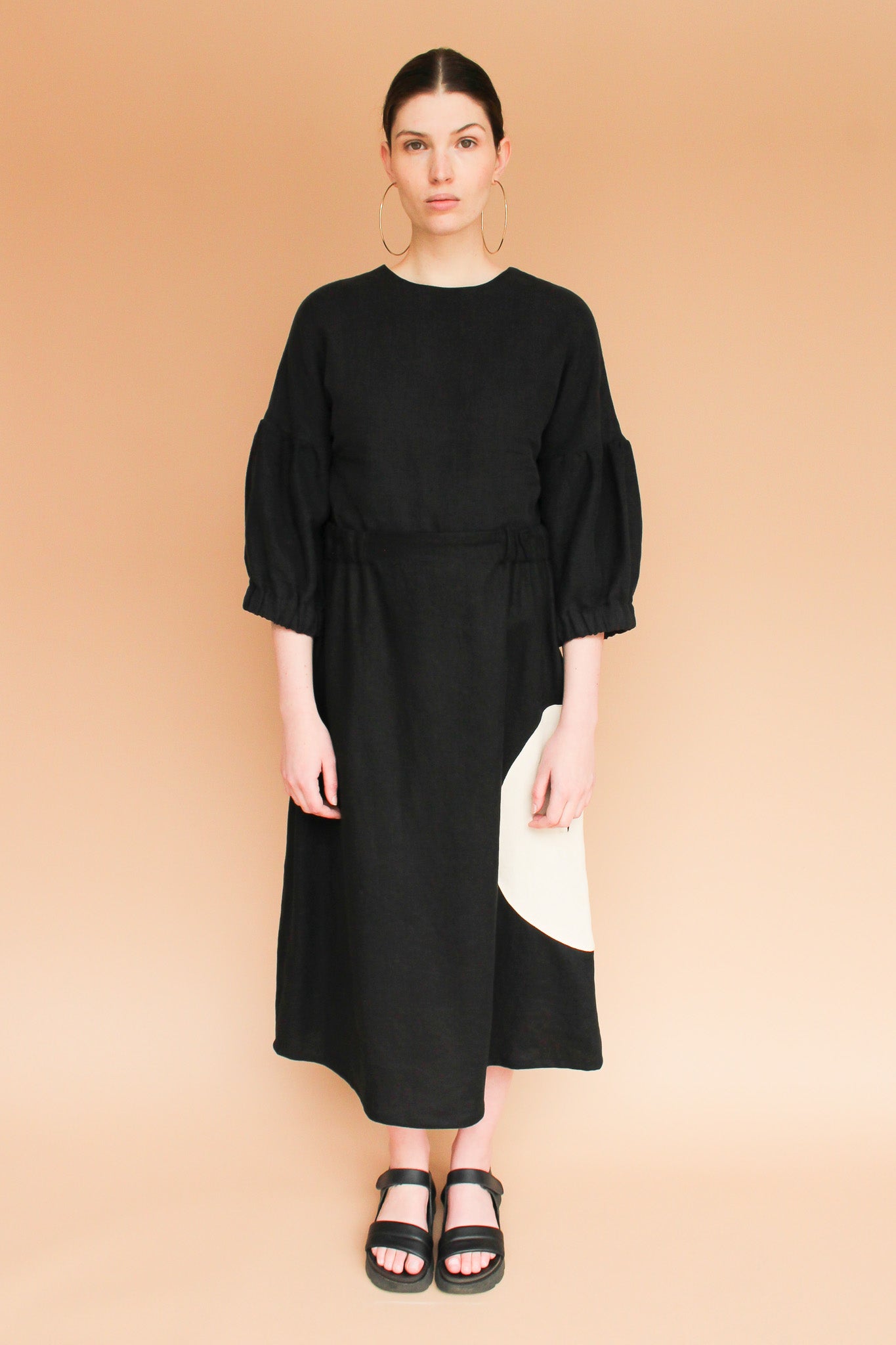Handmade Linen Circle Pocket Skirt in Onyx and Natural Size S, M, L