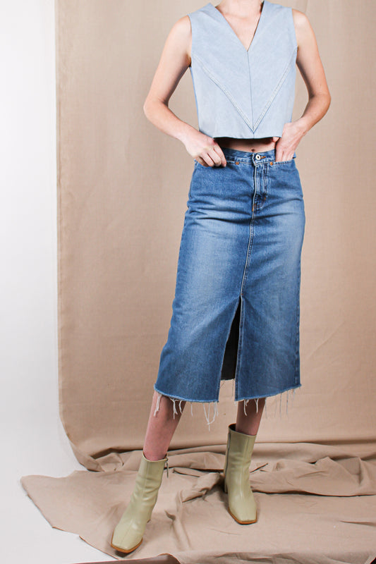 Raw Hem Denim Midi Skirt Size M