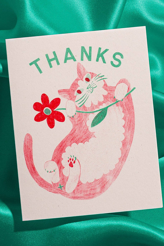 Thanks Cat & Flower Greeting Card