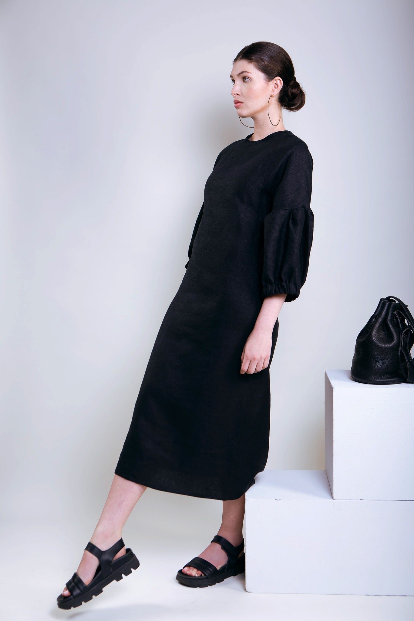 Handmade Lantern Sleeve Linen Midi Dress in Onyx Size M