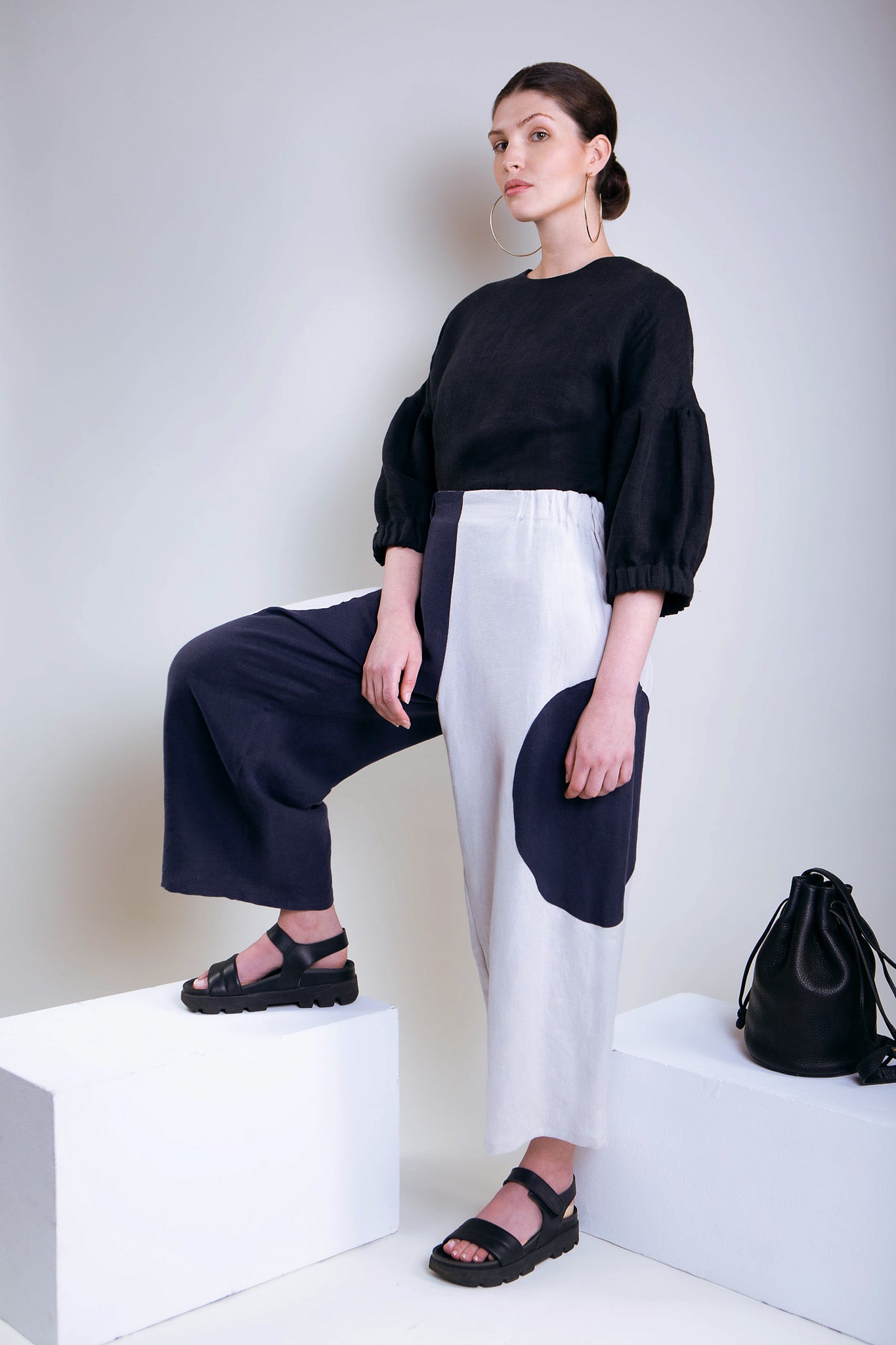 Handmade Circle Pocket Linen Pants in Midnight/Moon Size S-XL