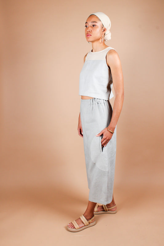 Big Circle Hand-Dyed Linen Pants in Dusty Blue