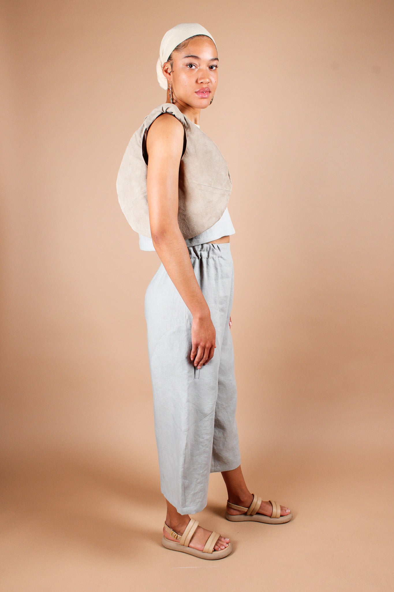Big Circle Hand-Dyed Linen Pants in Dusty Blue