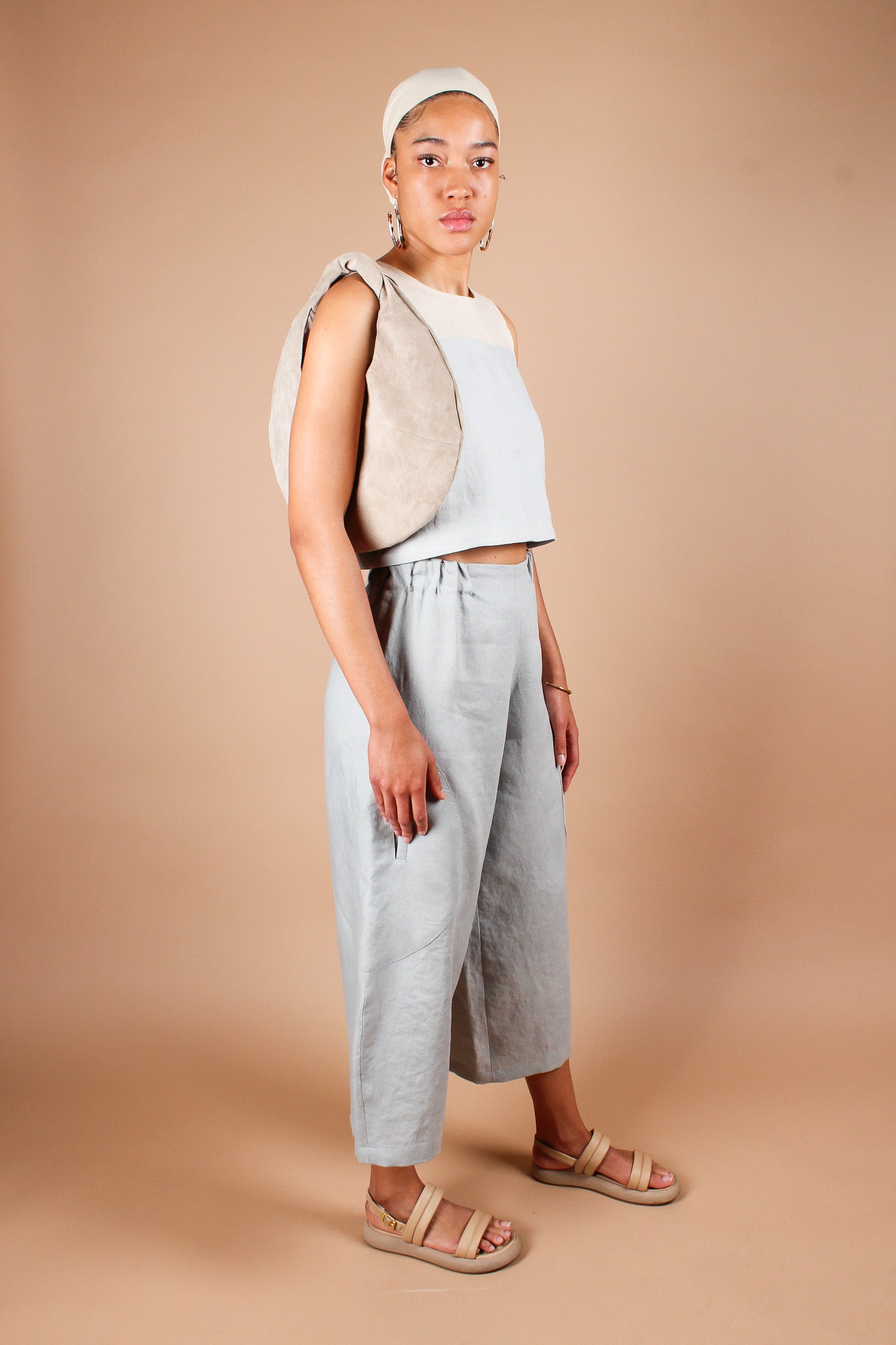 Big Circle Hand-Dyed Linen Pants in Dusty Blue