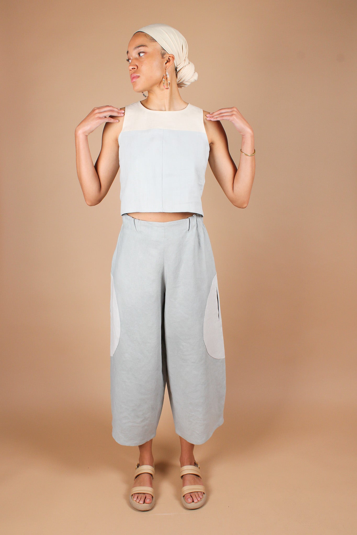 Big Circle Hand-Dyed Linen Pants in Dusty Blue and Ice Size L