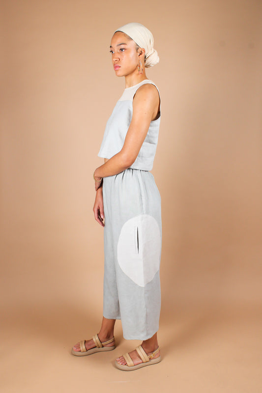 Big Circle Hand-Dyed Linen Pants in Dusty Blue and Ice Size L