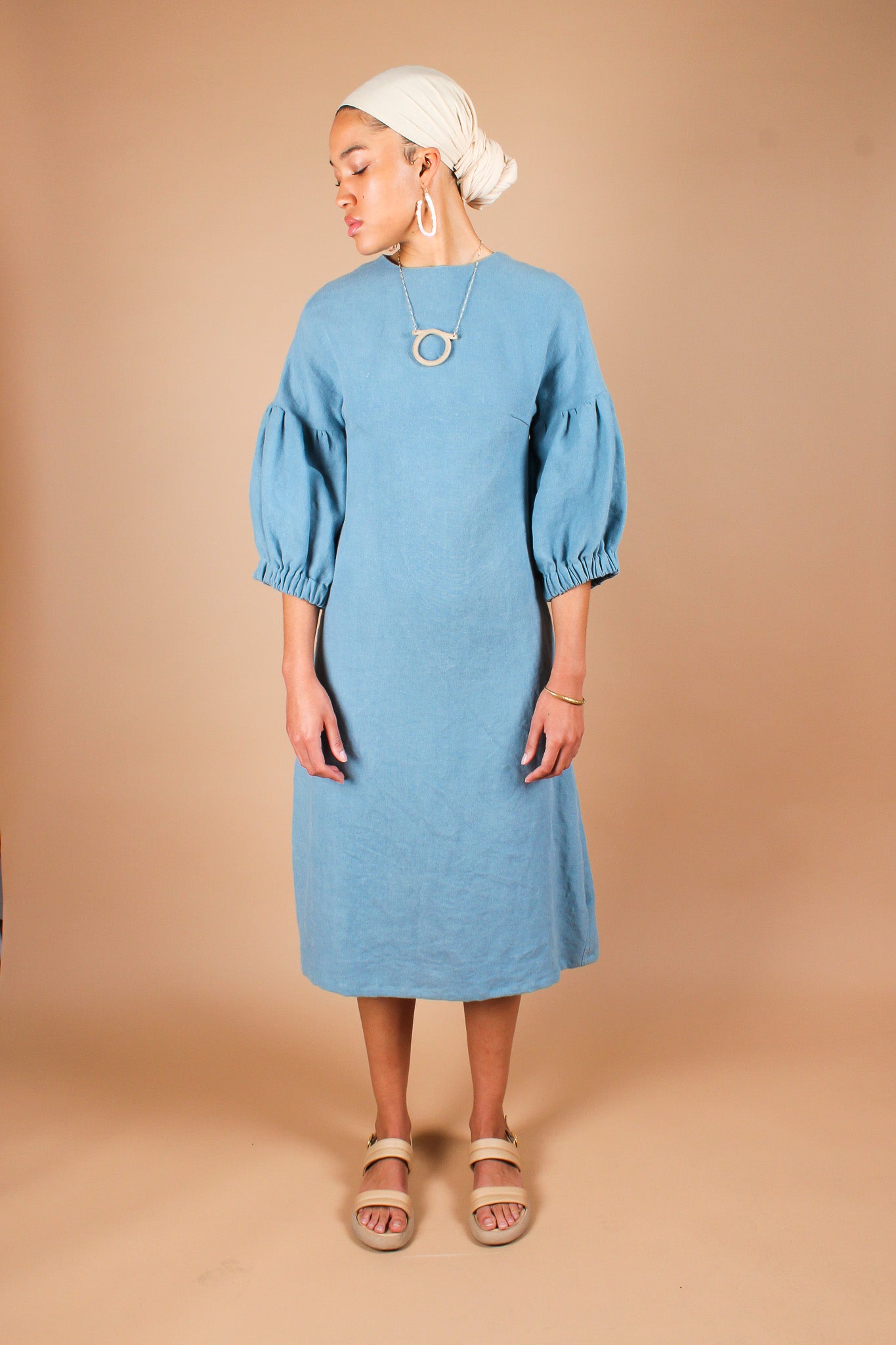 Handmade Lantern Sleeve Linen Midi Dress in Pond