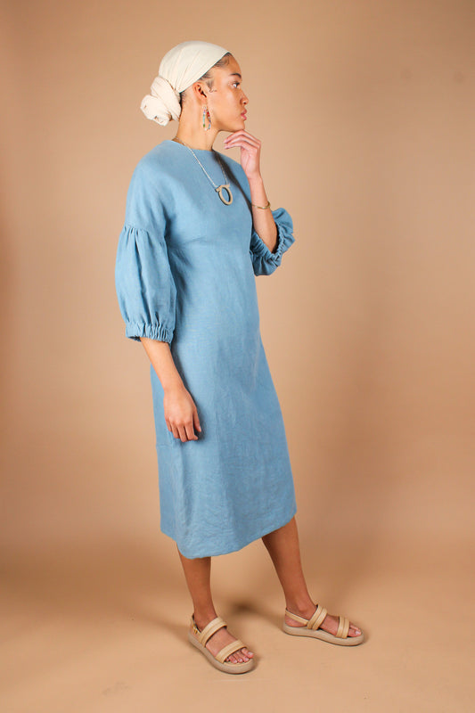 Handmade Lantern Sleeve Linen Midi Dress in Pond