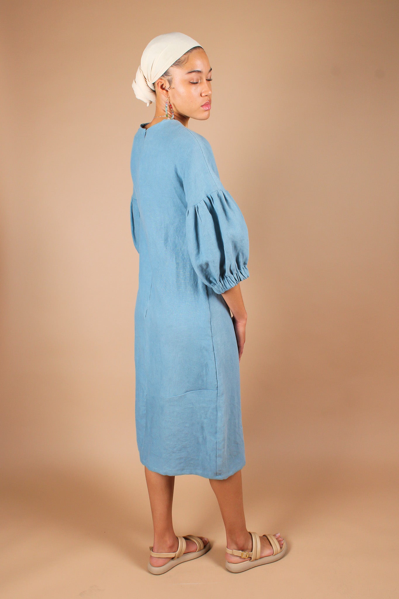 Handmade Lantern Sleeve Linen Midi Dress in Pond