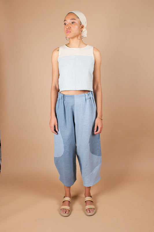 Hand-Dyed Circle Pocket Linen Pants in Blue Bell