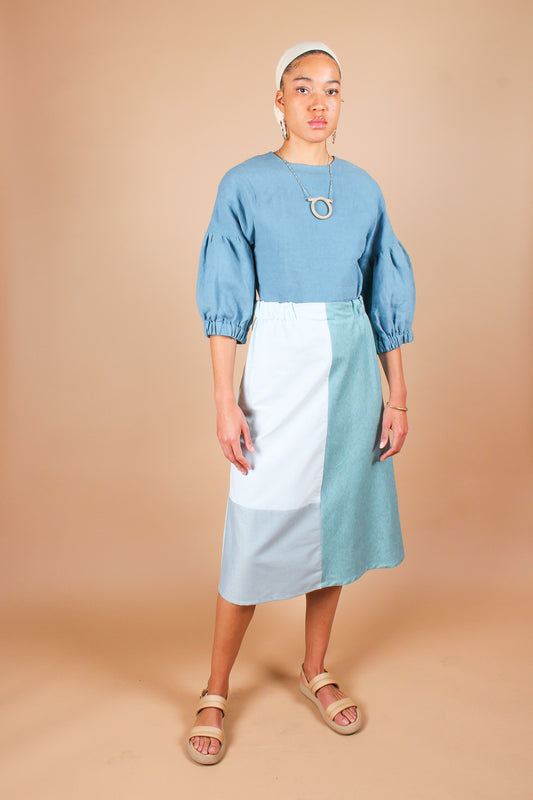 Handmade Lantern Sleeve Linen Top in Pond