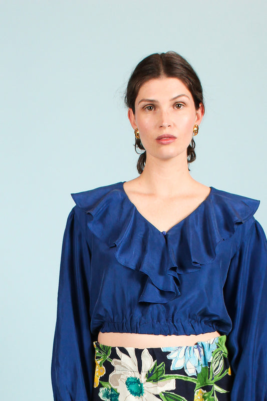 Redesigned Ruffle Crop Silk Shirt in Cobalt Size M