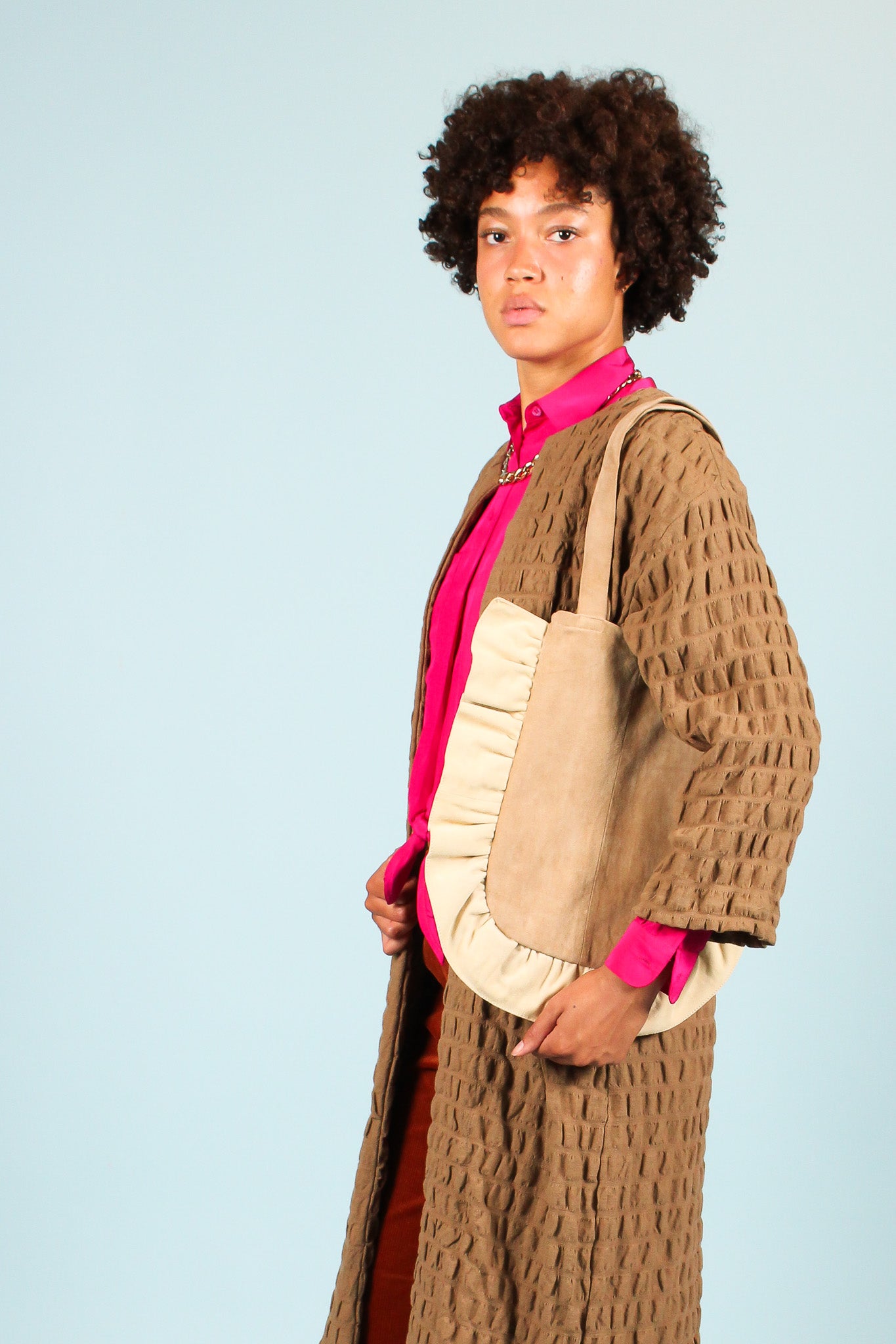 Ruffle Suede Mini Shoulder Bag in Toffee & Cream
